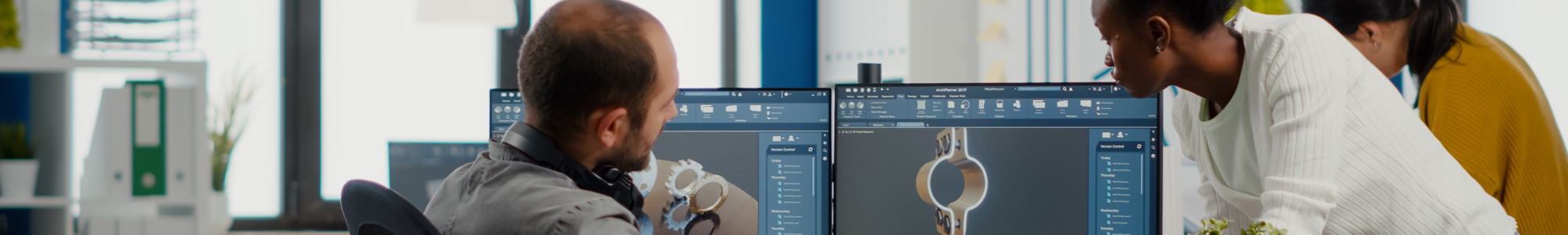 Professional Heavy Industry Team Engineers Working Computer With Two Monitors Using Cad Softwa